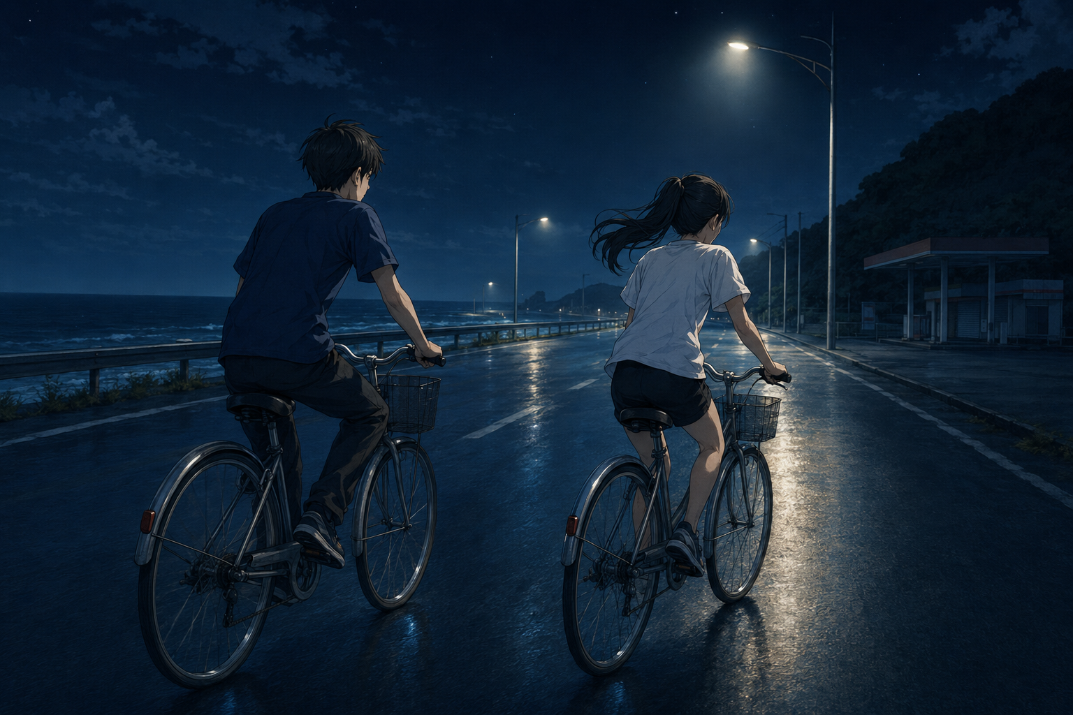夜の海沿いを自転車で走る二人