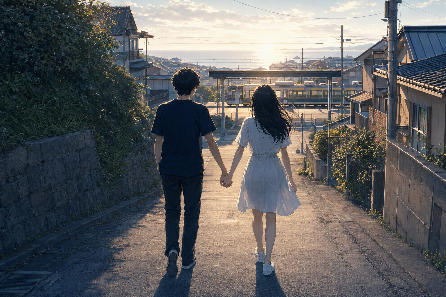 朝の駅へ向かう二人