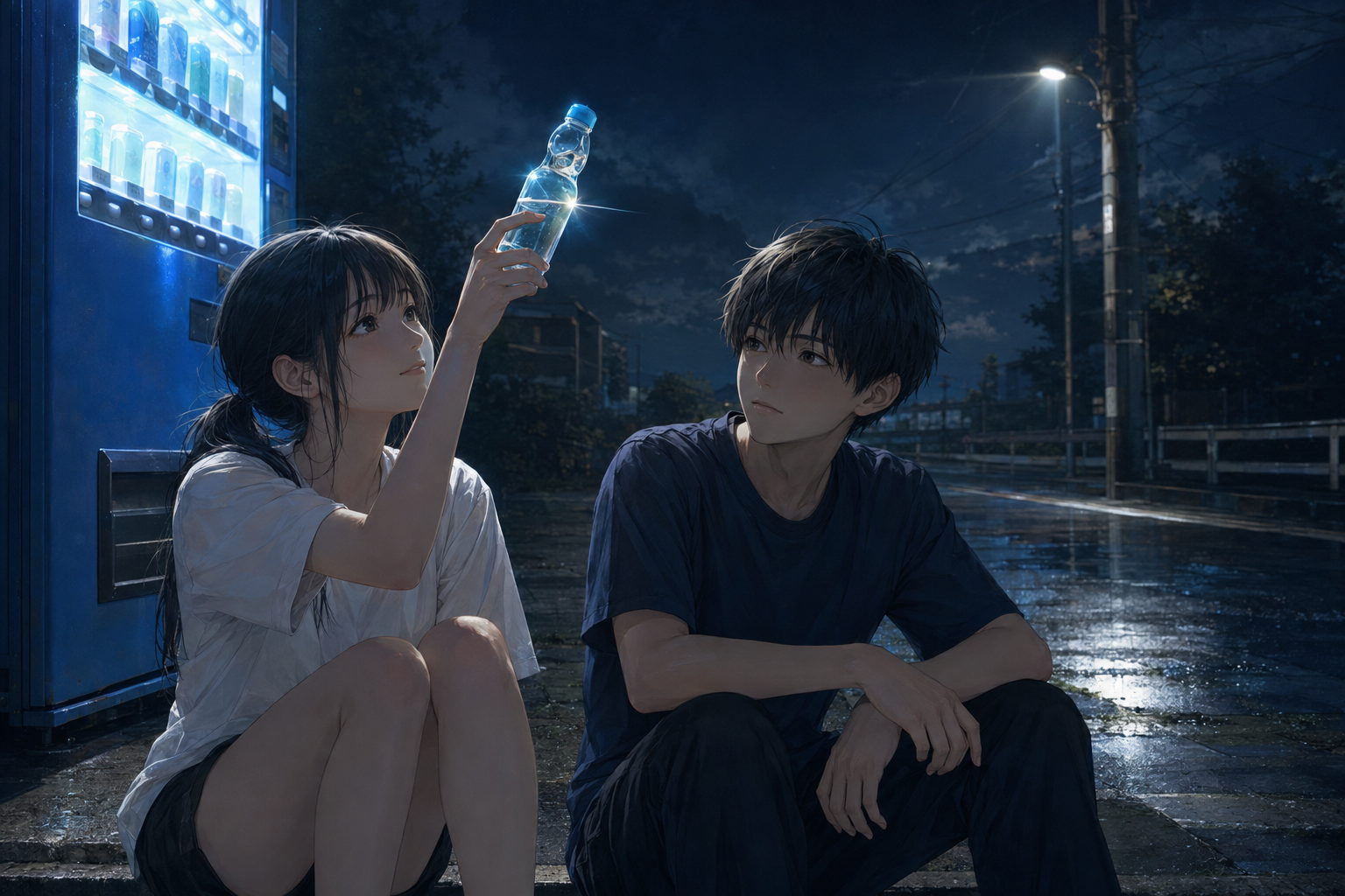 夜の自販機の前で話す二人