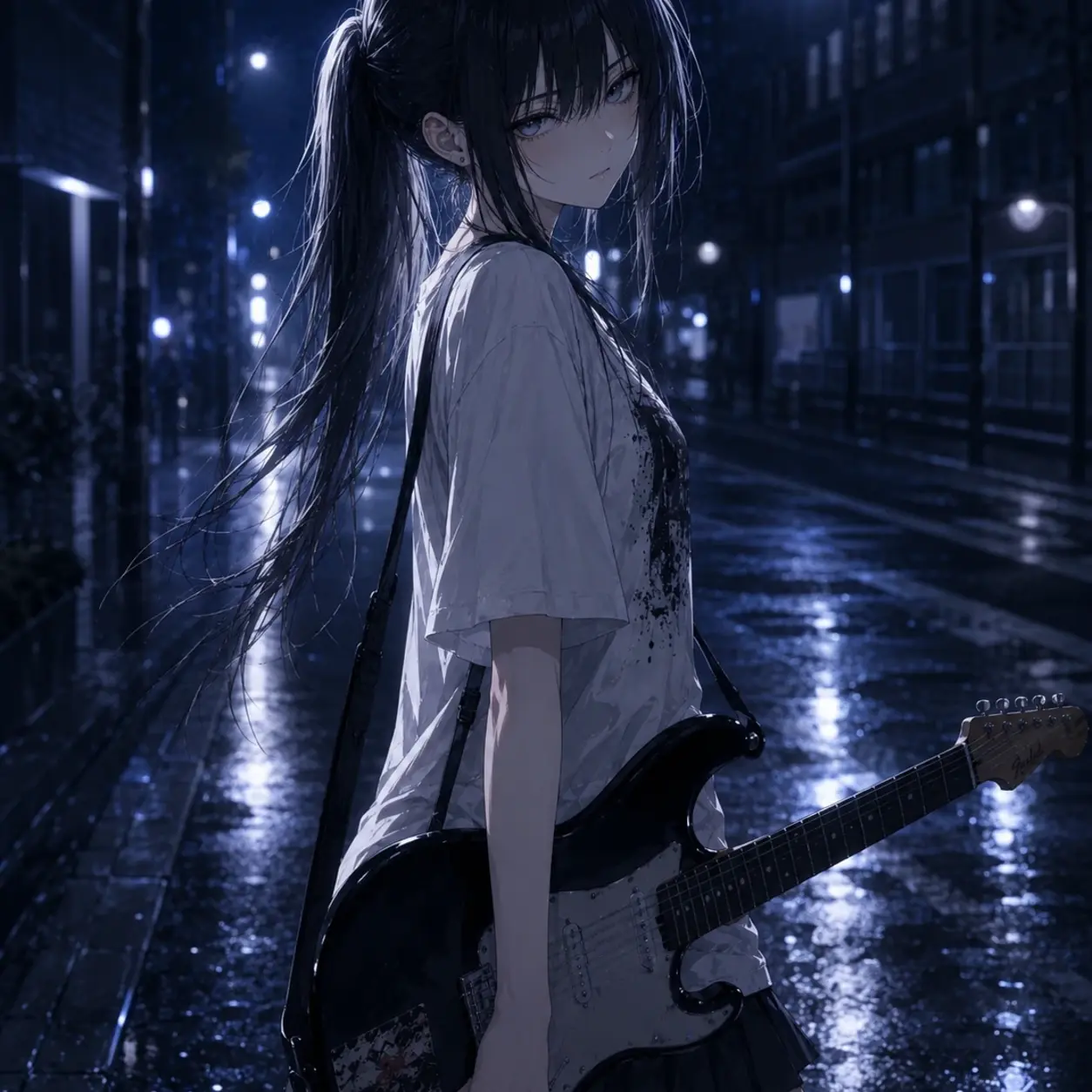 雨の夜の街に立つ白井凪
