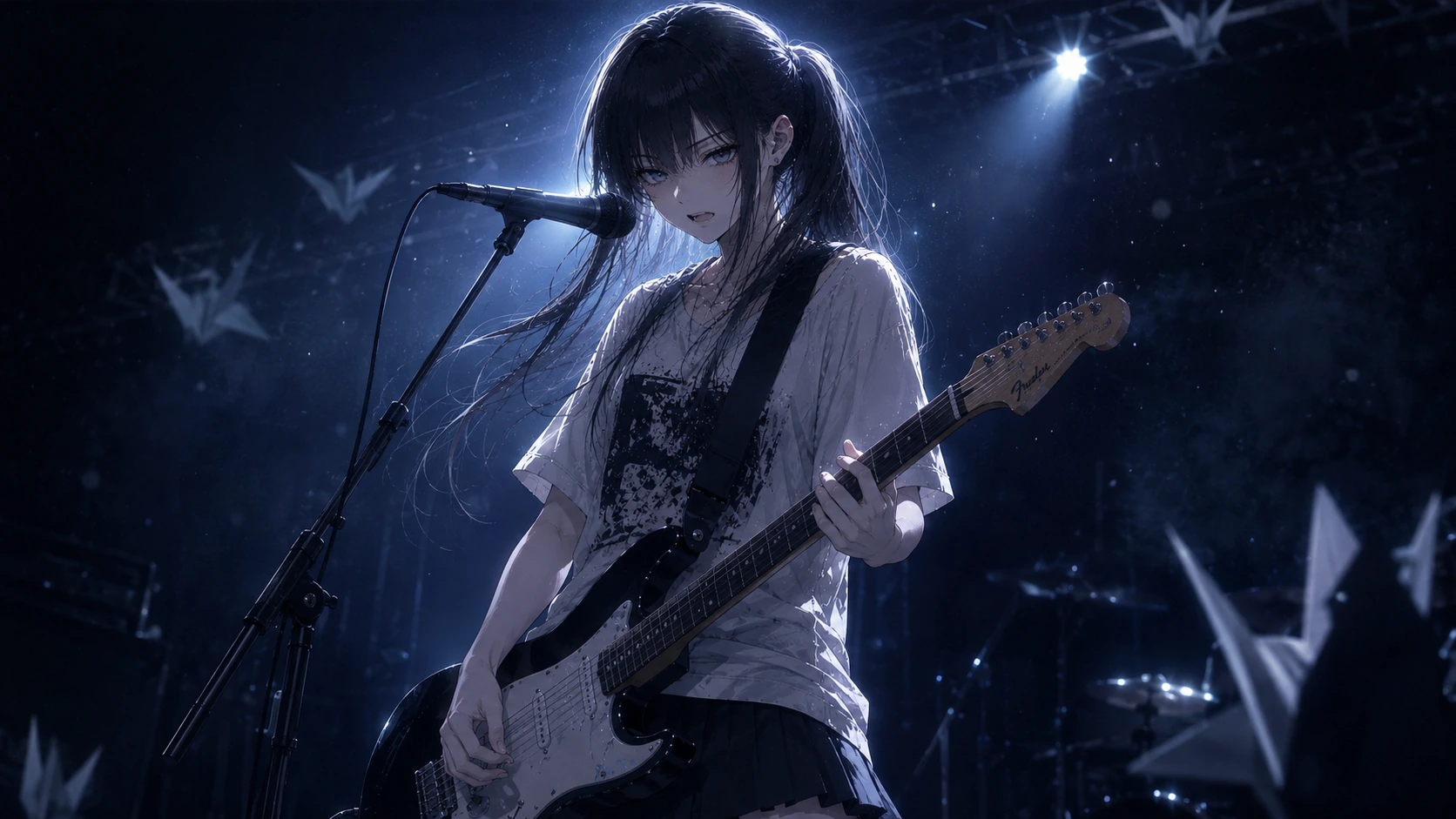 ライブハウスでギターを演奏する白井凪のイラスト