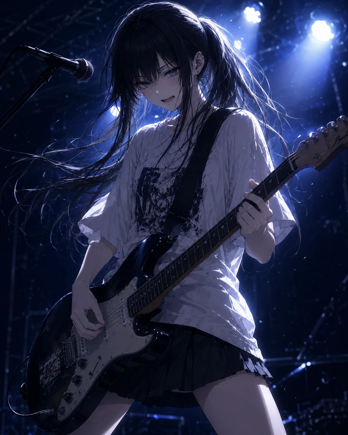 青い照明の中でライブを行う白井凪のイラスト