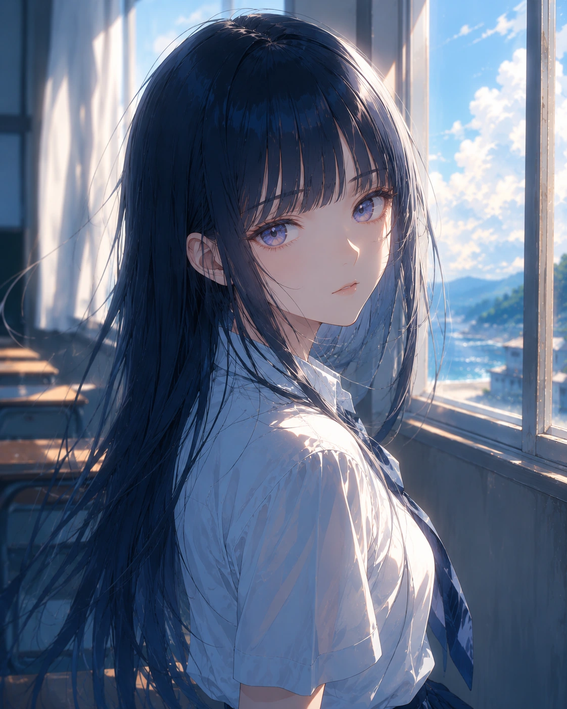 海を背にした美波のイラスト