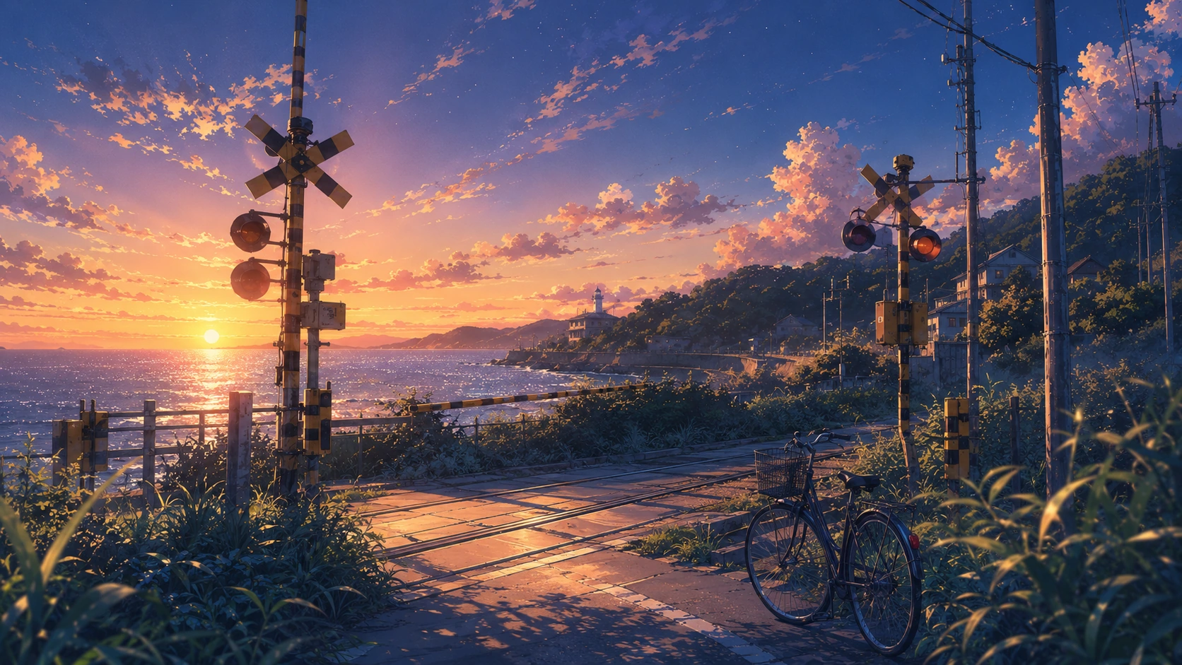 夕暮れの海辺の踏切