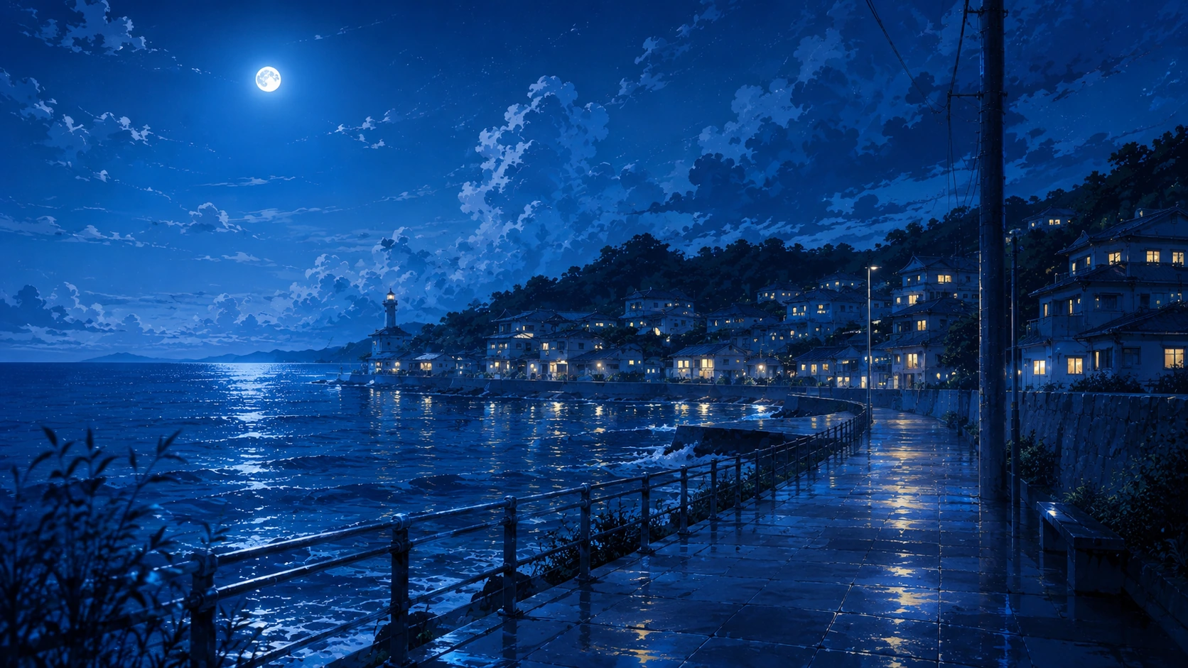 月明かりの海辺の町