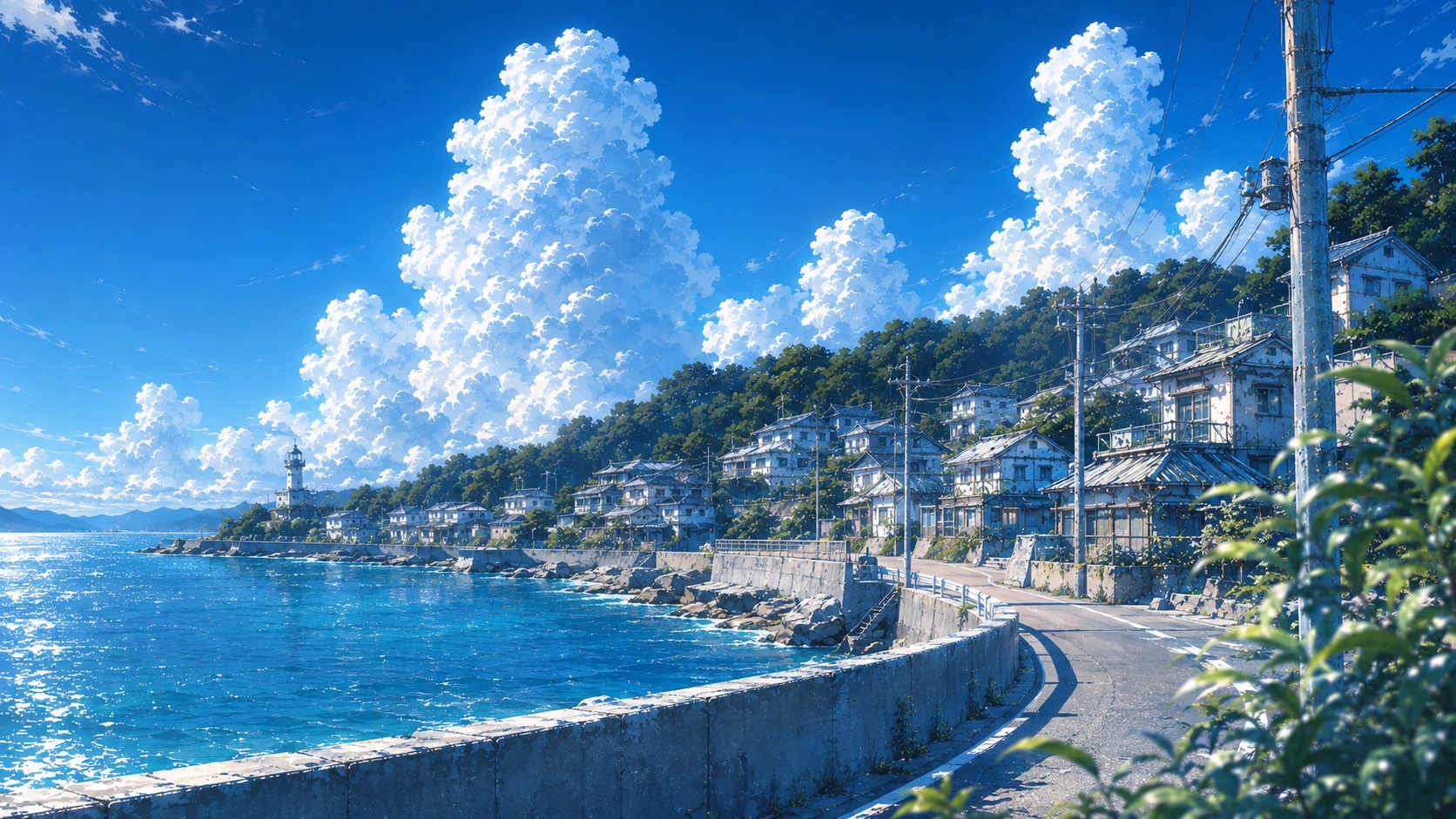 夏の海辺の町