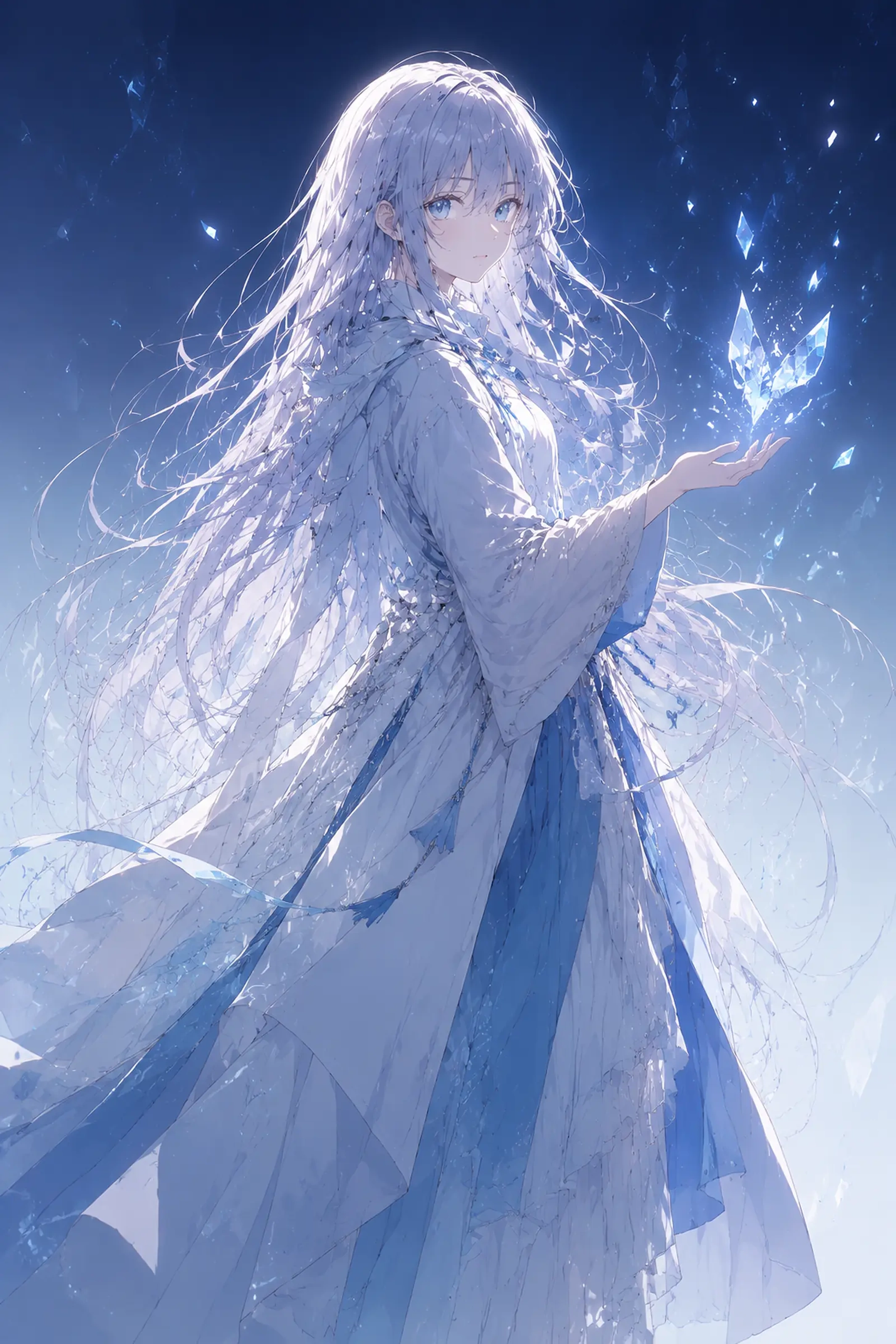 長い銀髪と白青の衣装を身につけた蒼の高解像度アニメキャラクターイラスト