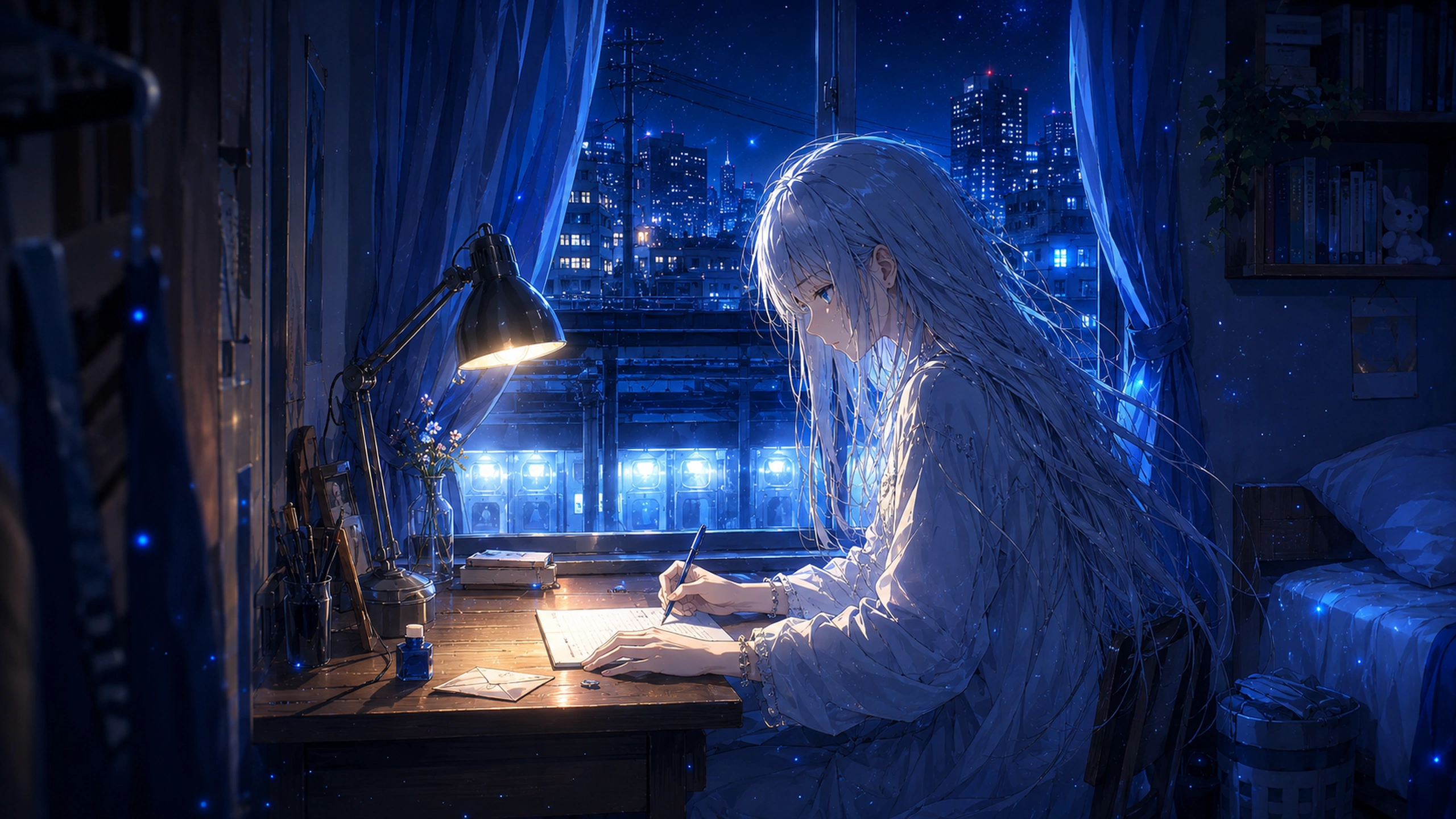 東京の青い部屋で手紙を書く蒼のアニメイラスト