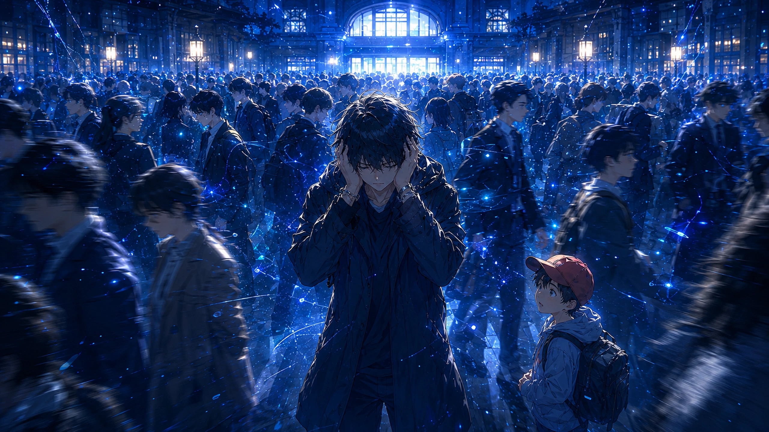 東京駅の人波と心の声に圧倒される奏のアニメイラスト