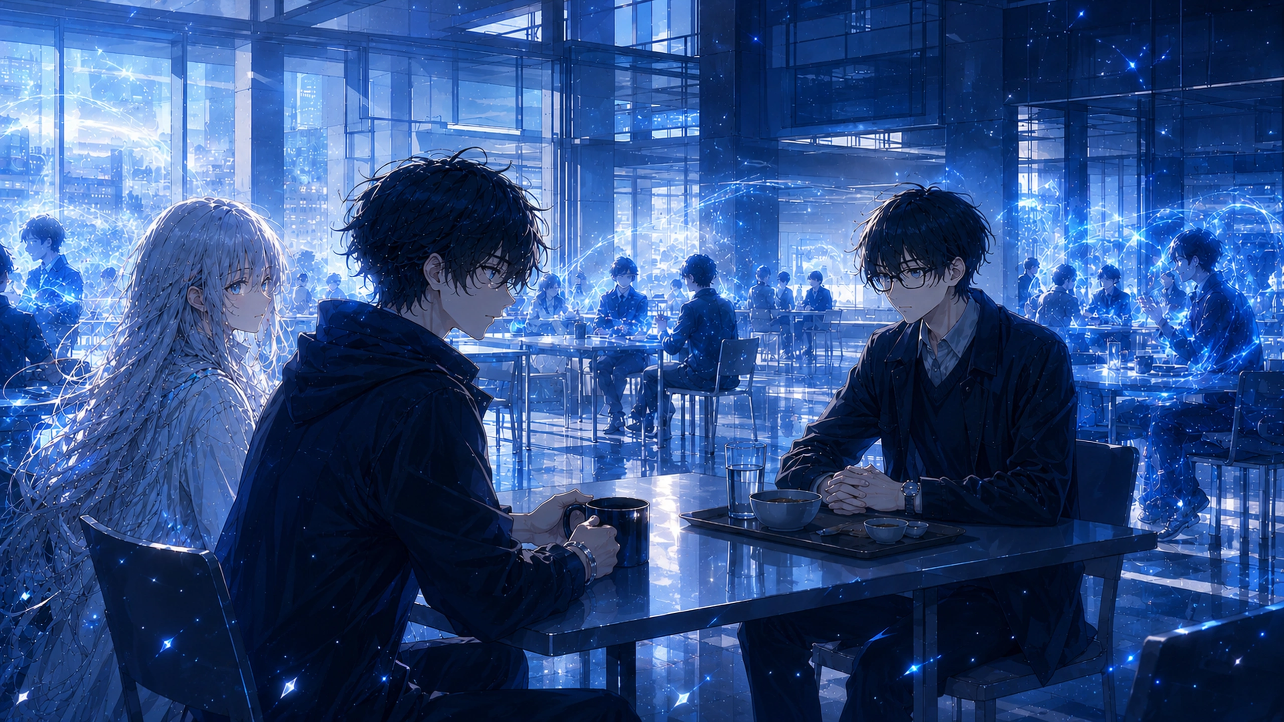 交流局の食堂で怜と向かい合う奏のアニメイラスト