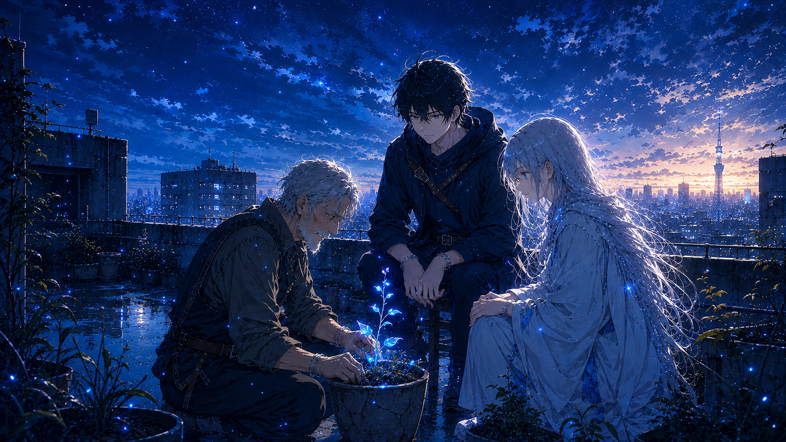 古い集合住宅で青い芽を見つめる奏と蒼のアニメイラスト