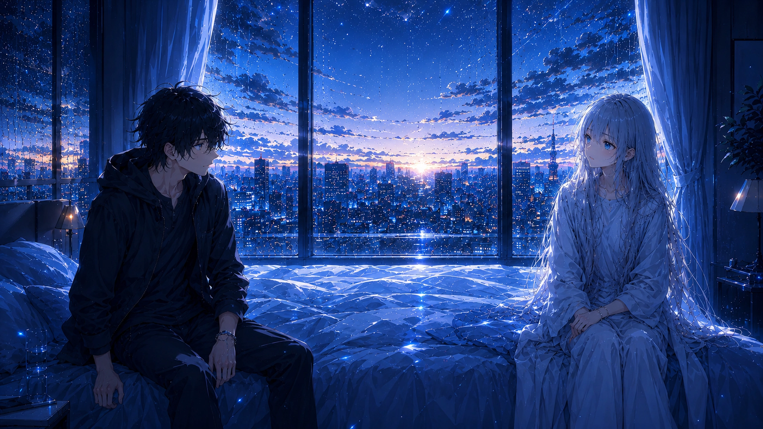 夜明け前の青い部屋で向かい合う奏と蒼のアニメイラスト