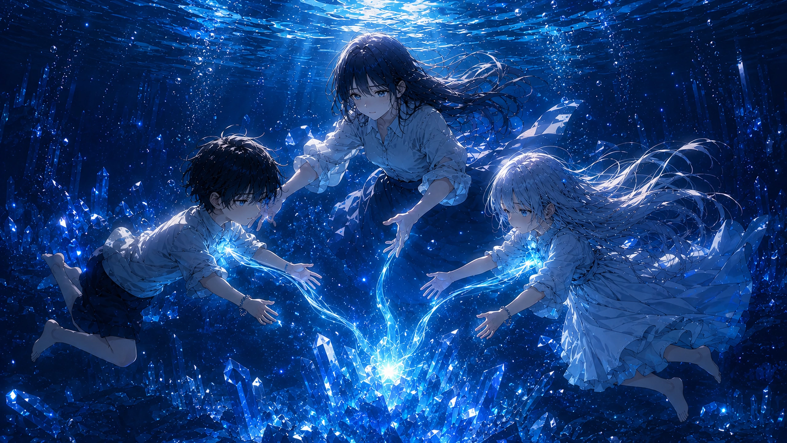 青鐘湖の底で幼い奏と蒼へ光が分かれる記憶のアニメイラスト