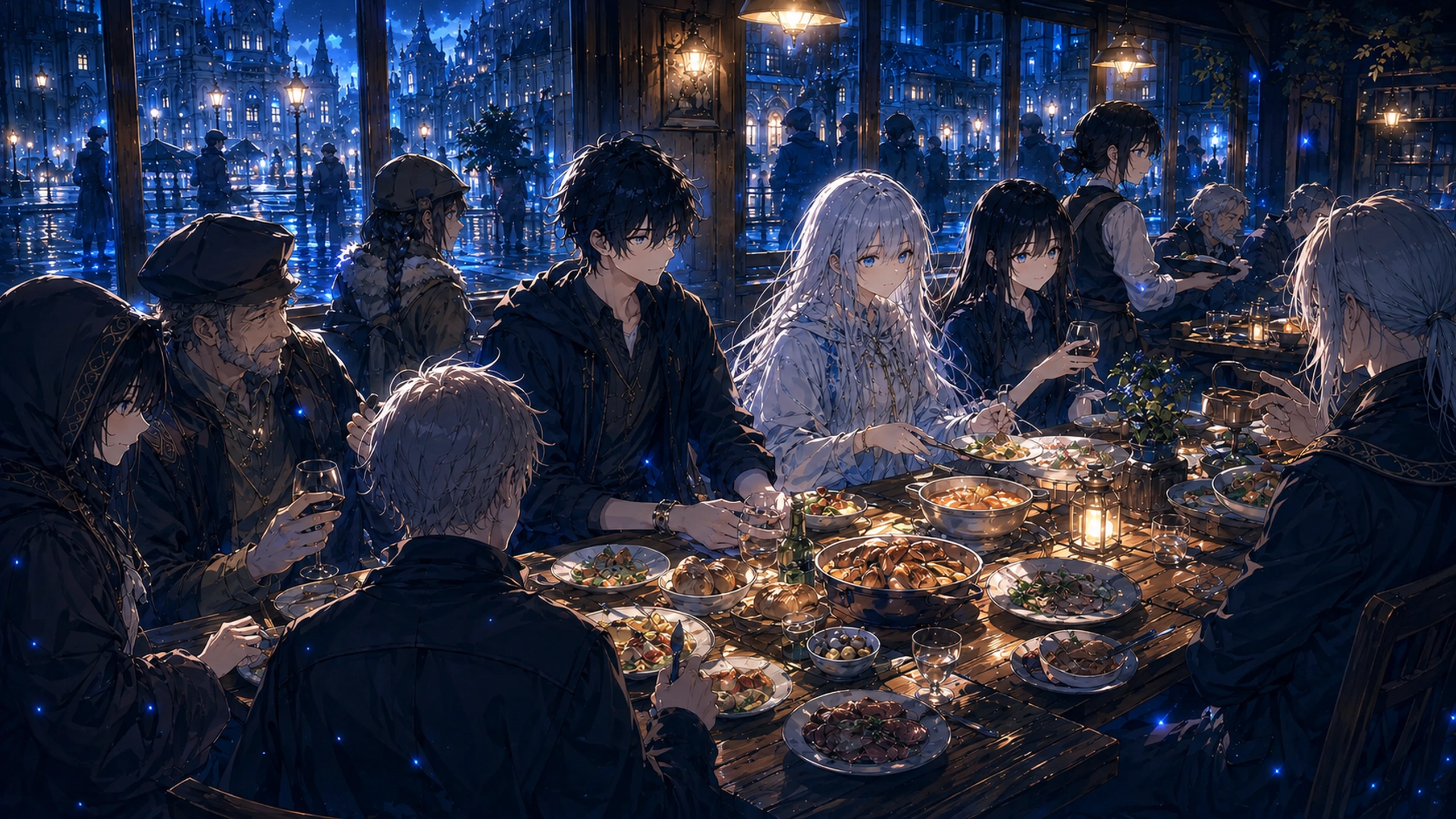 人間と魔法使いが青い灯りの食堂で同じ食卓を囲むアニメイラスト
