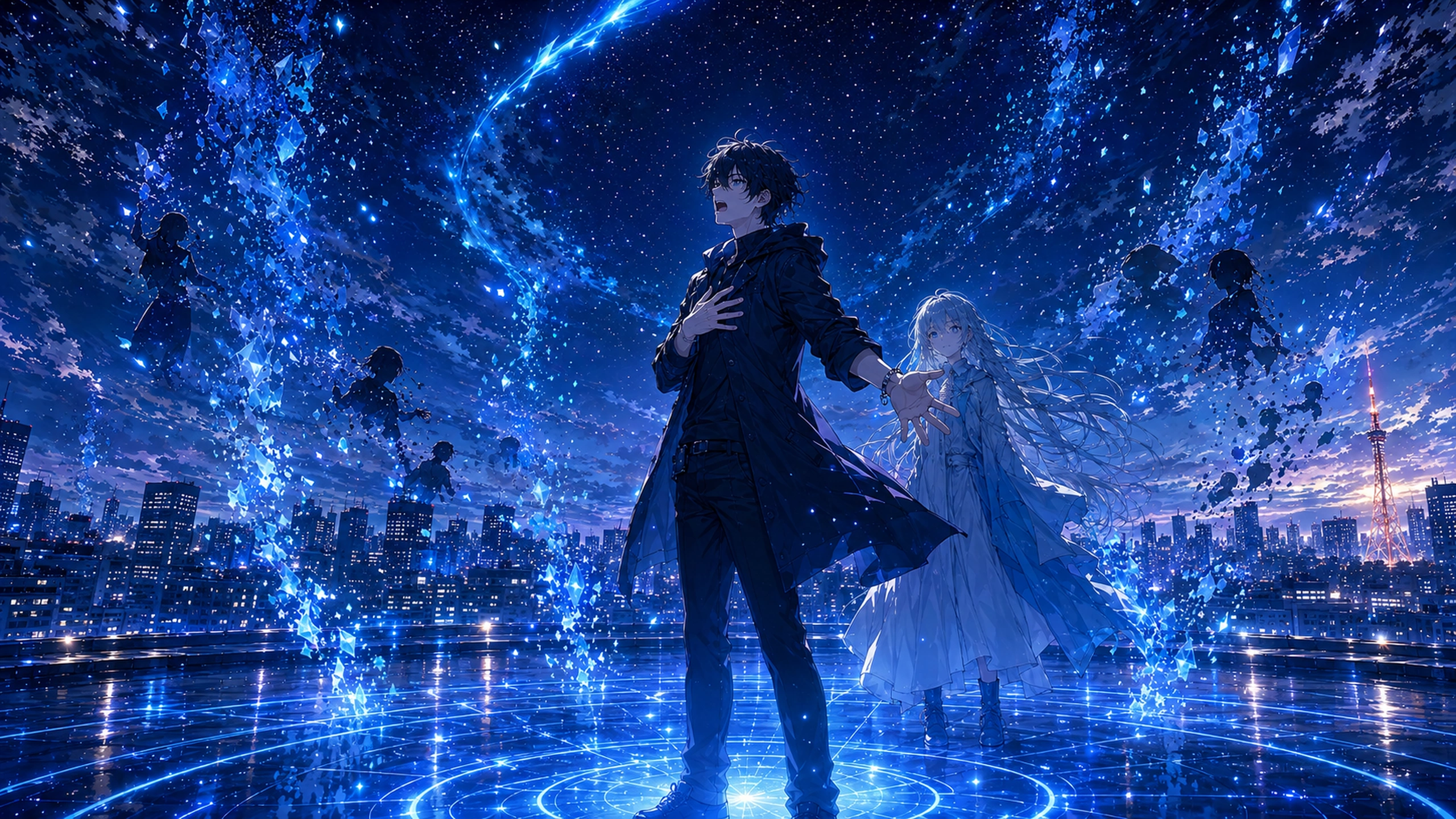 東京の夜で奏が青い魔法の歌を放ち蒼が支えるアニメイラスト